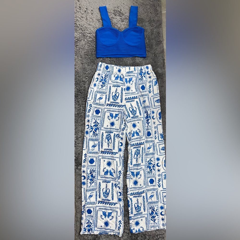 Blue Crop Top and Patterned Pants Set